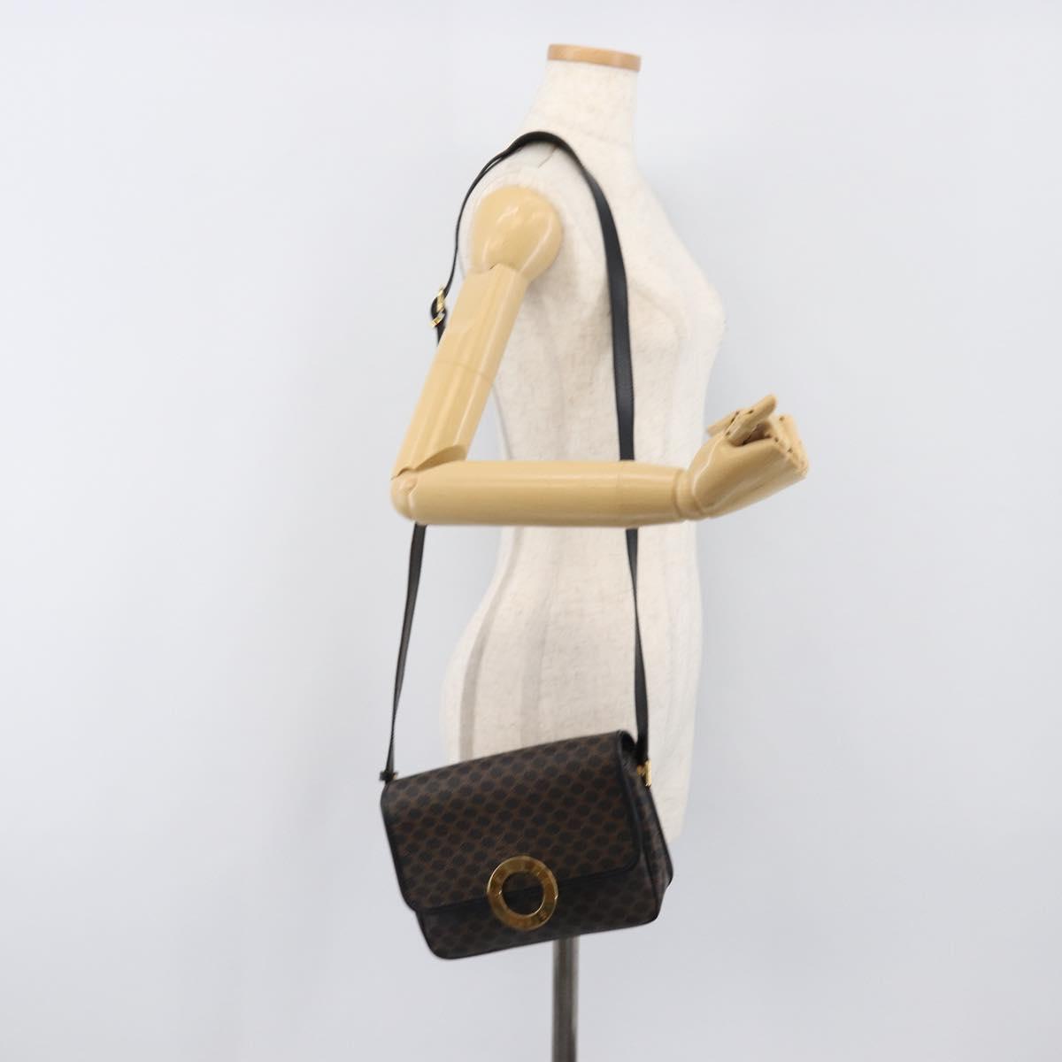 CELINE Macadam Canvas Circle Hand Bag PVC Leather Black Gold Auth 203016