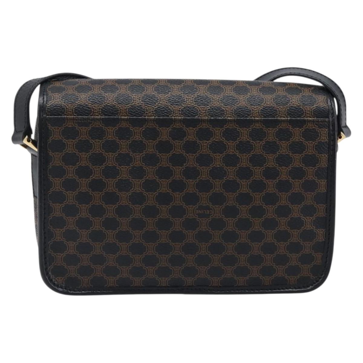 CELINE Macadam Canvas Circle Hand Bag PVC Leather Black Gold Auth 203016