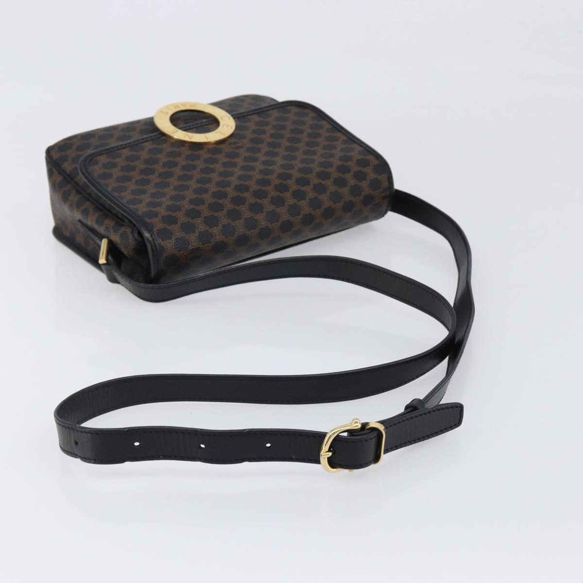 CELINE Macadam Canvas Circle Hand Bag PVC Leather Black Gold Auth 203016