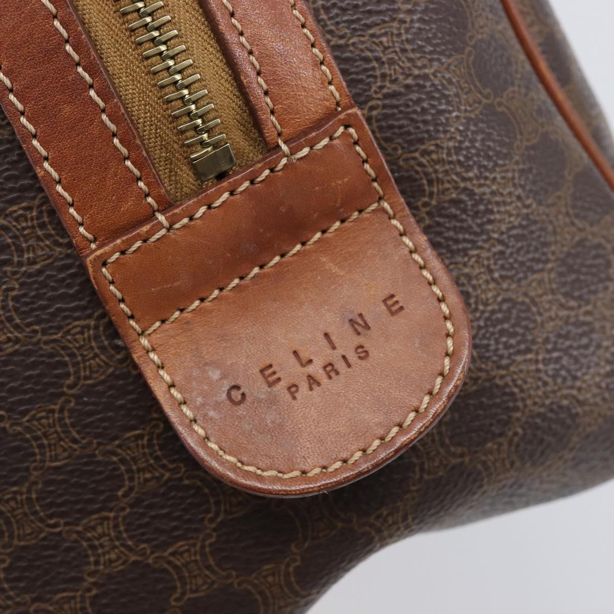 CELINE Macadam Canvas Boston Bag PVC Leather Brown Gold Auth 203018
