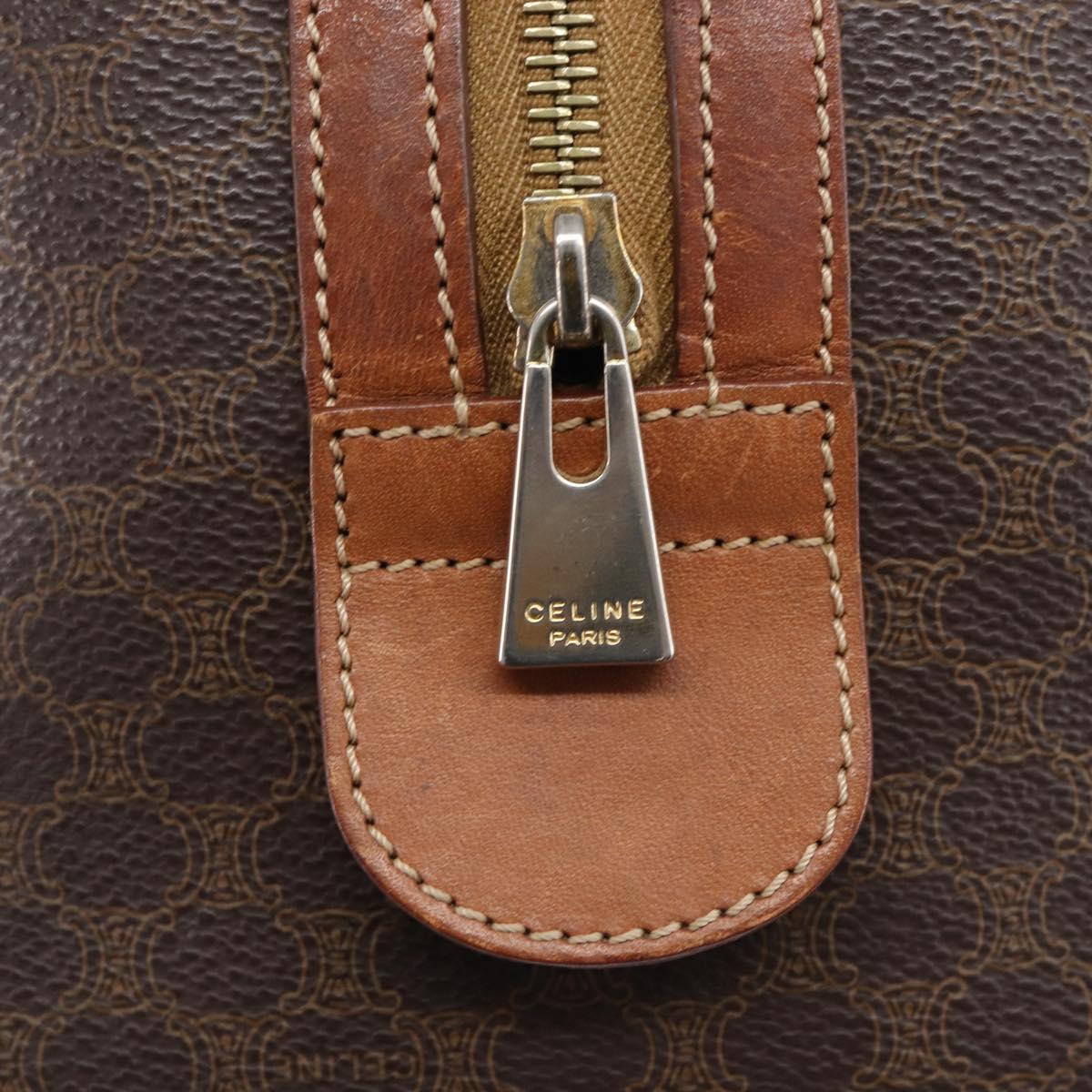 CELINE Macadam Canvas Boston Bag PVC Leather Brown Gold Auth 203018