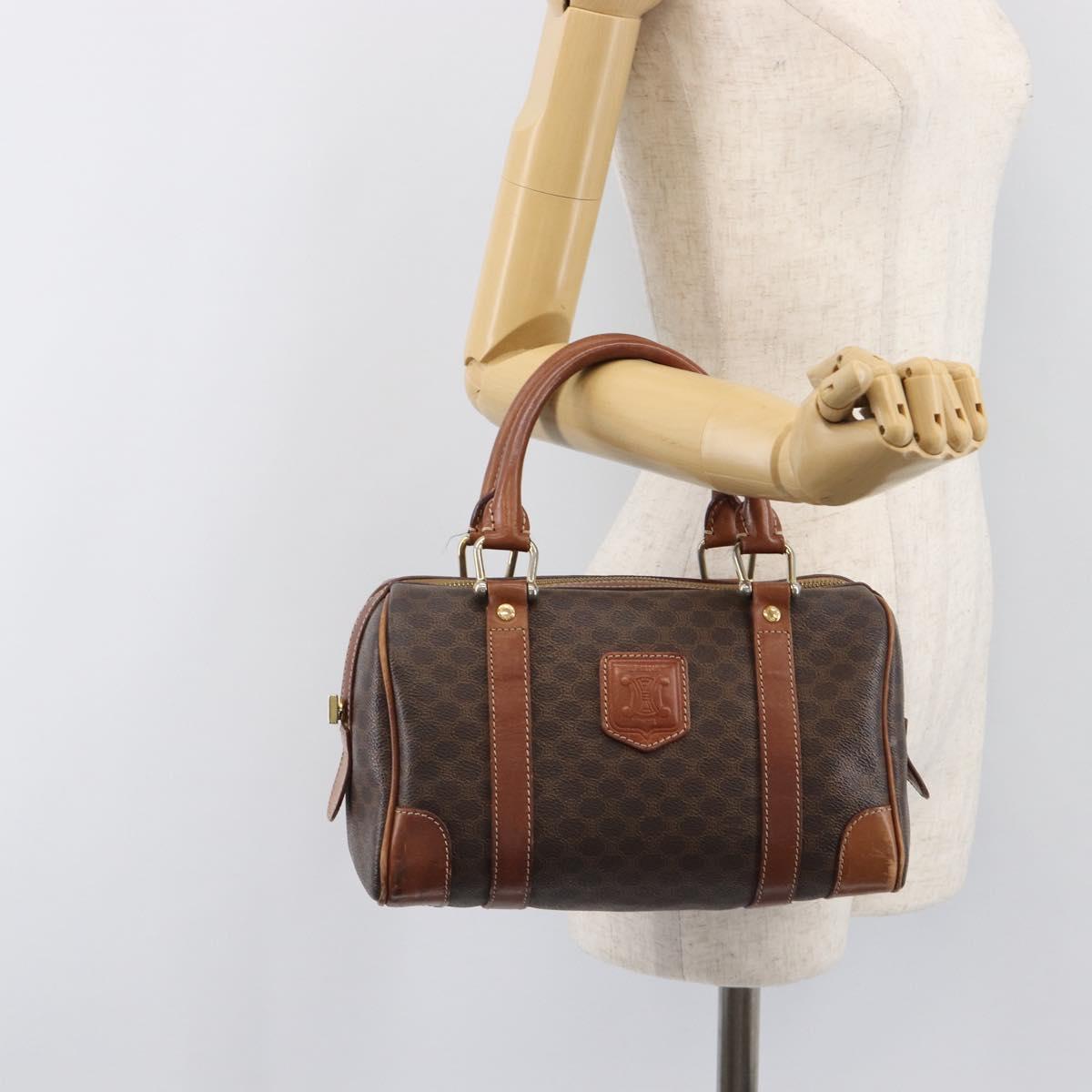 CELINE Macadam Canvas Boston Bag PVC Leather Brown Gold Auth 203018