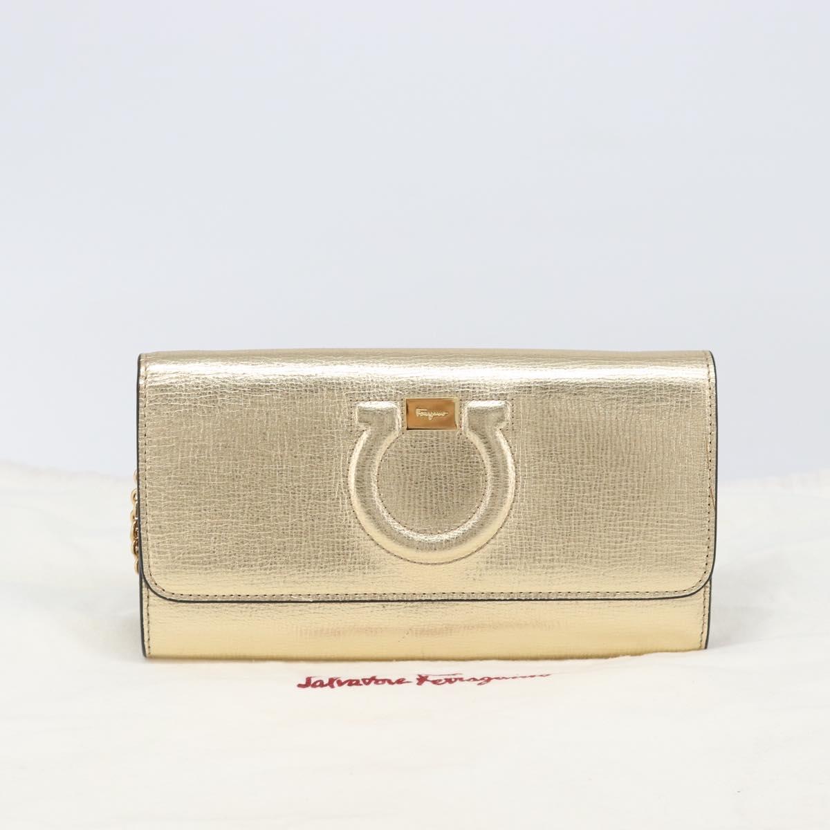 Salvatore Ferragamo Gancini Chain Shoulder Wallet Leather Gold Auth 203036V