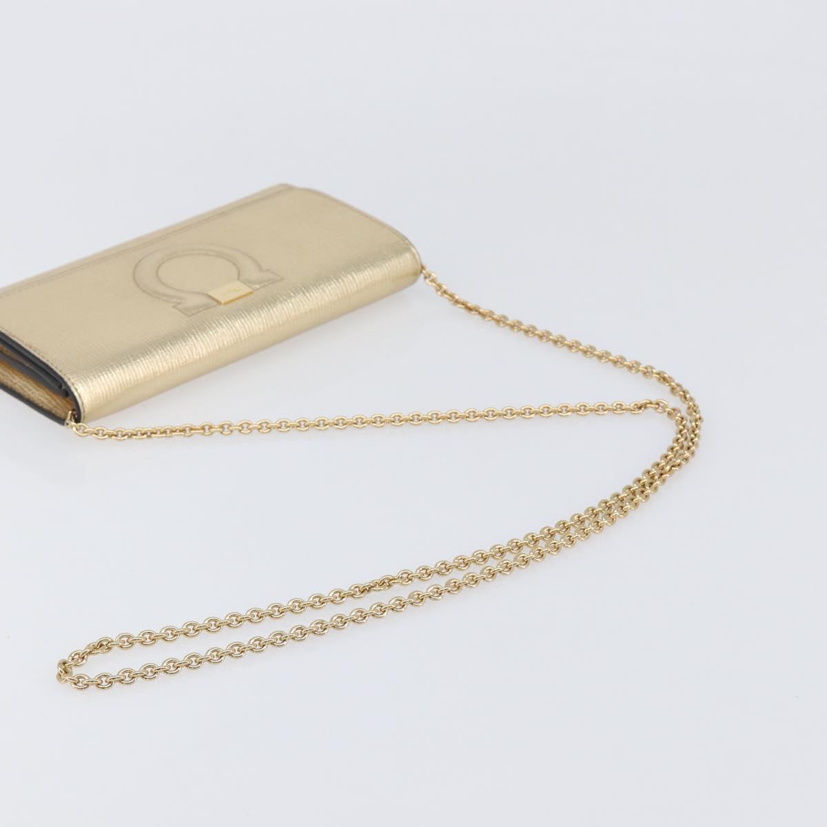 Salvatore Ferragamo Gancini Chain Shoulder Wallet Leather Gold Auth 203036V