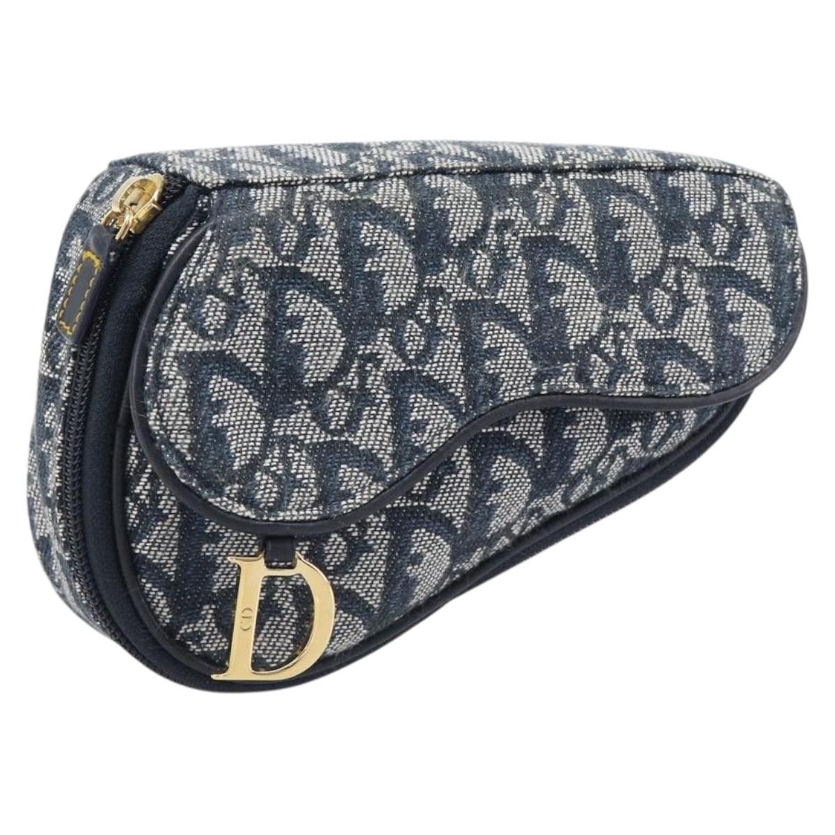 Christian Dior Trotter Canvas saddle Pouch Navy Gold Auth 203040A