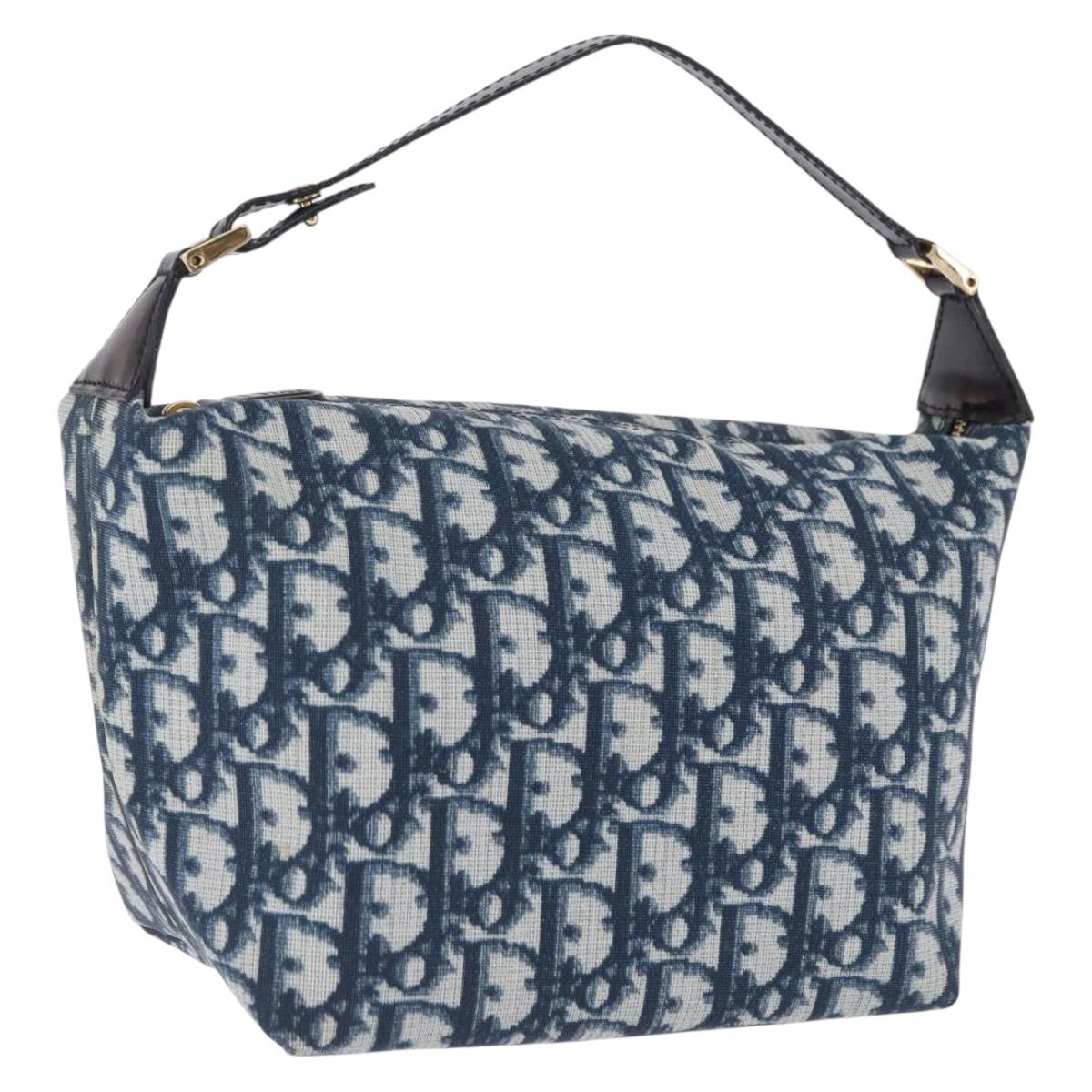 Christian Dior Trotter Canvas Hand Pouch PVC Navy Gold Auth 203041V