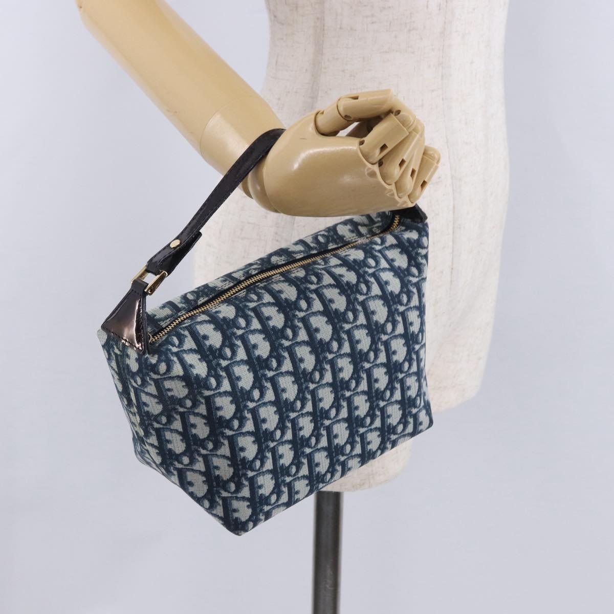 Christian Dior Trotter Canvas Hand Pouch PVC Navy Gold Auth 203041V
