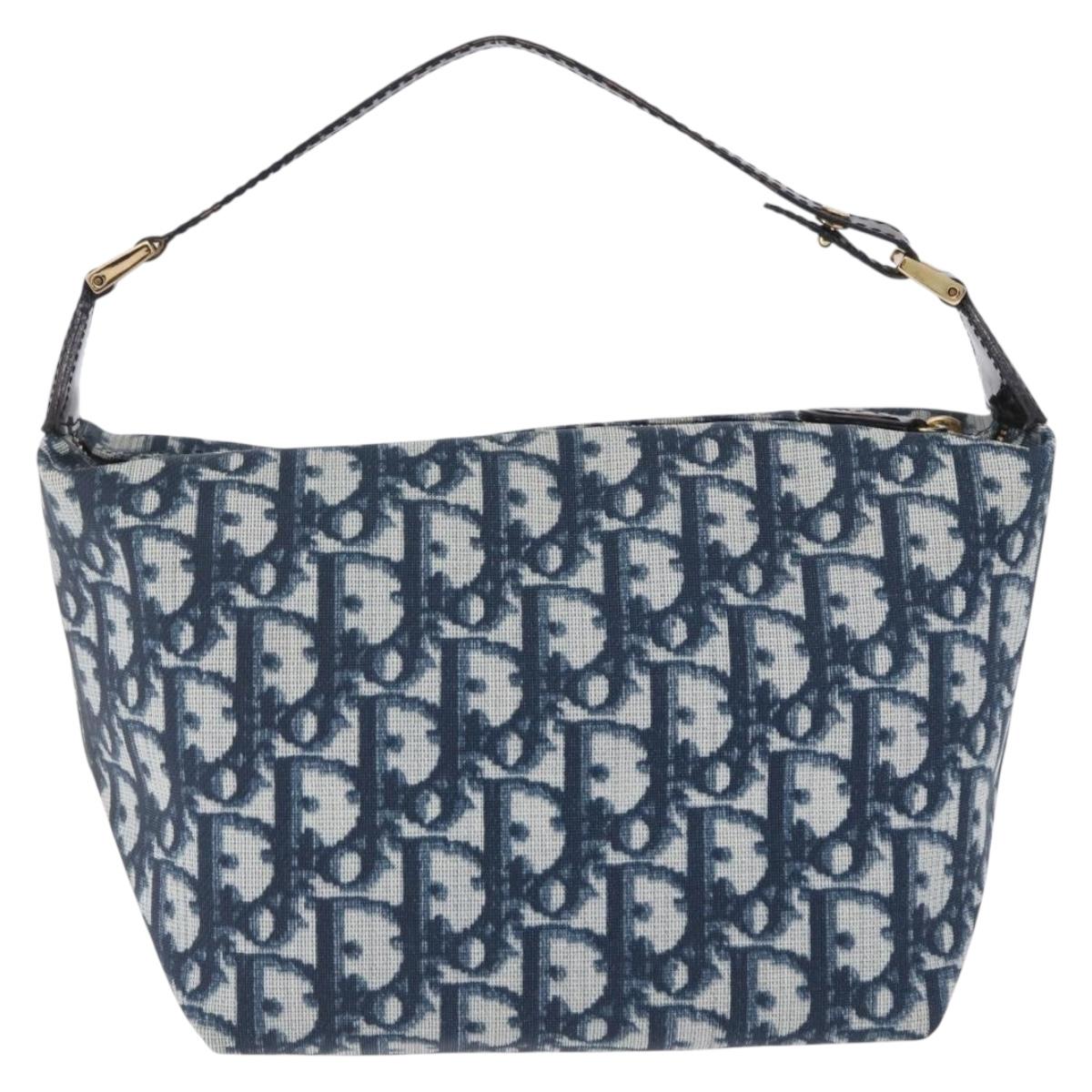 Christian Dior Trotter Canvas Hand Pouch PVC Navy Gold Auth 203041V