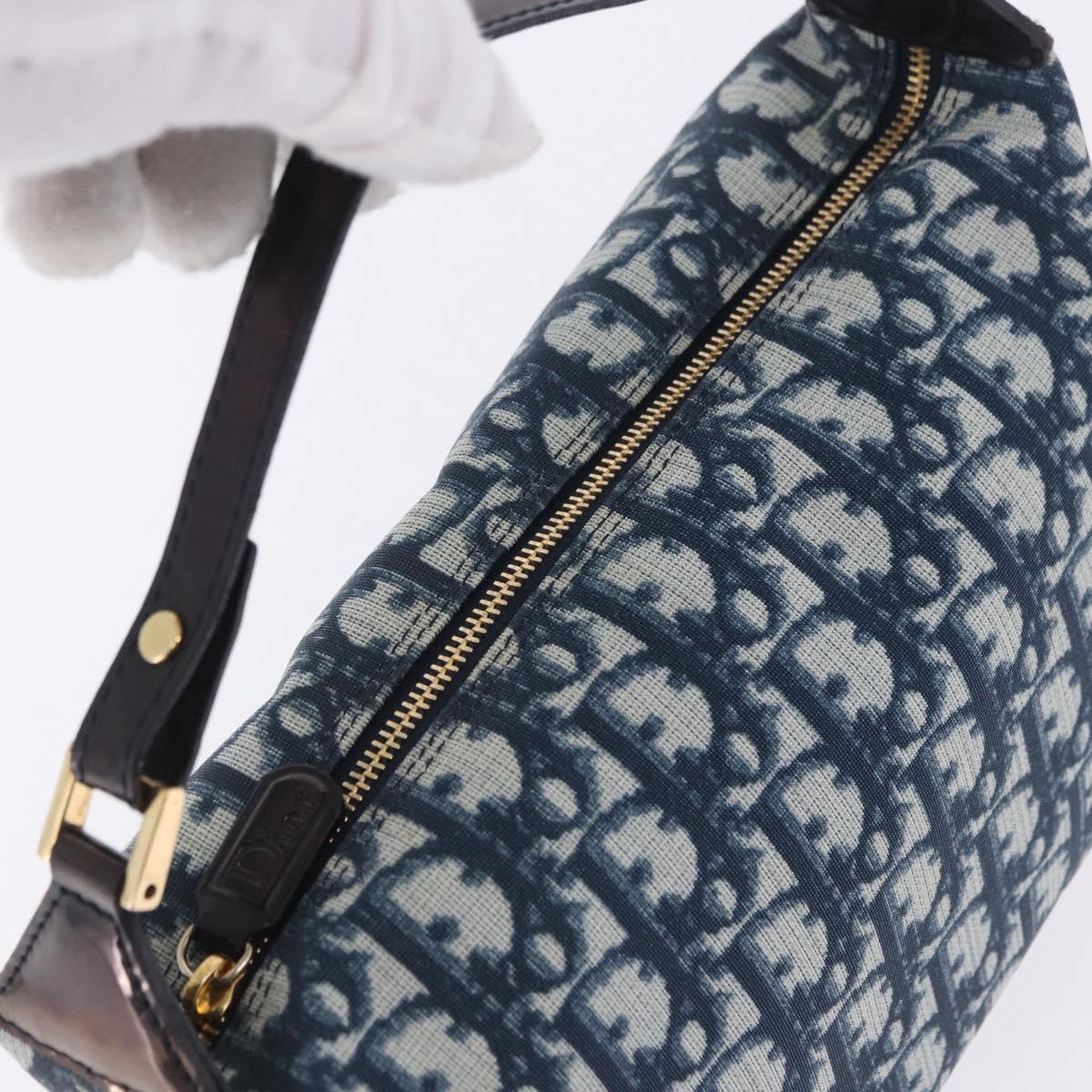 Christian Dior Trotter Canvas Hand Pouch PVC Navy Gold Auth 203041V