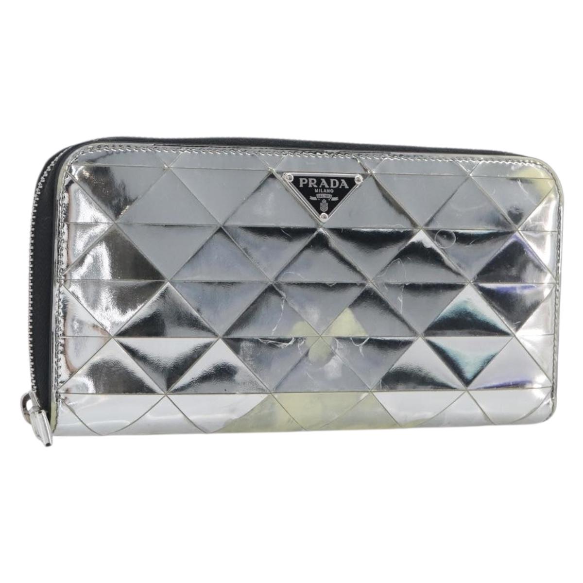 PRADA Long Wallet Leather Silver Auth 203045