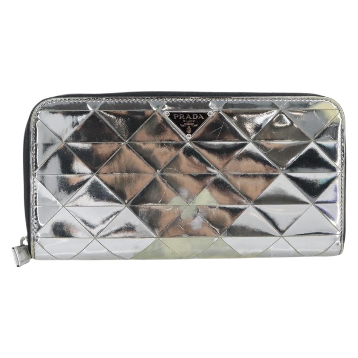 PRADA Long Wallet Leather Silver Auth 203045