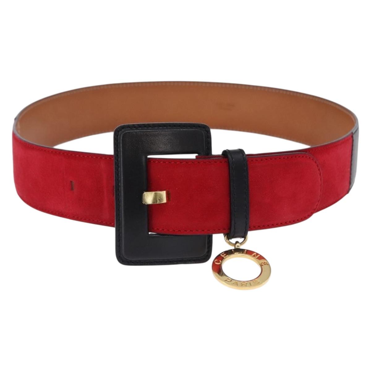 CELINE Circle Belt Leather 29.9"" Red Gold Auth 203046