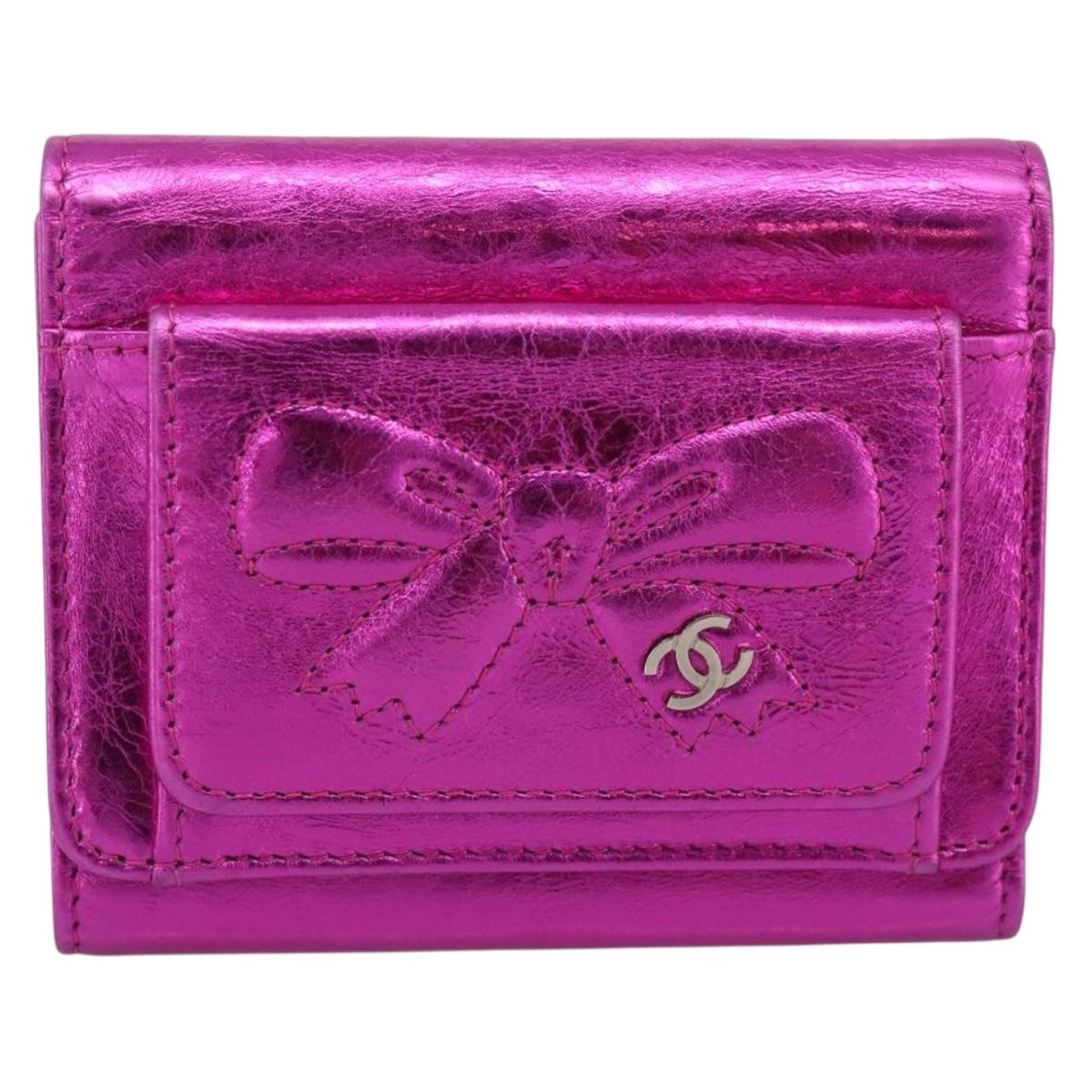 CHANEL Wallet Leather Pink Silver CC Auth 203048V