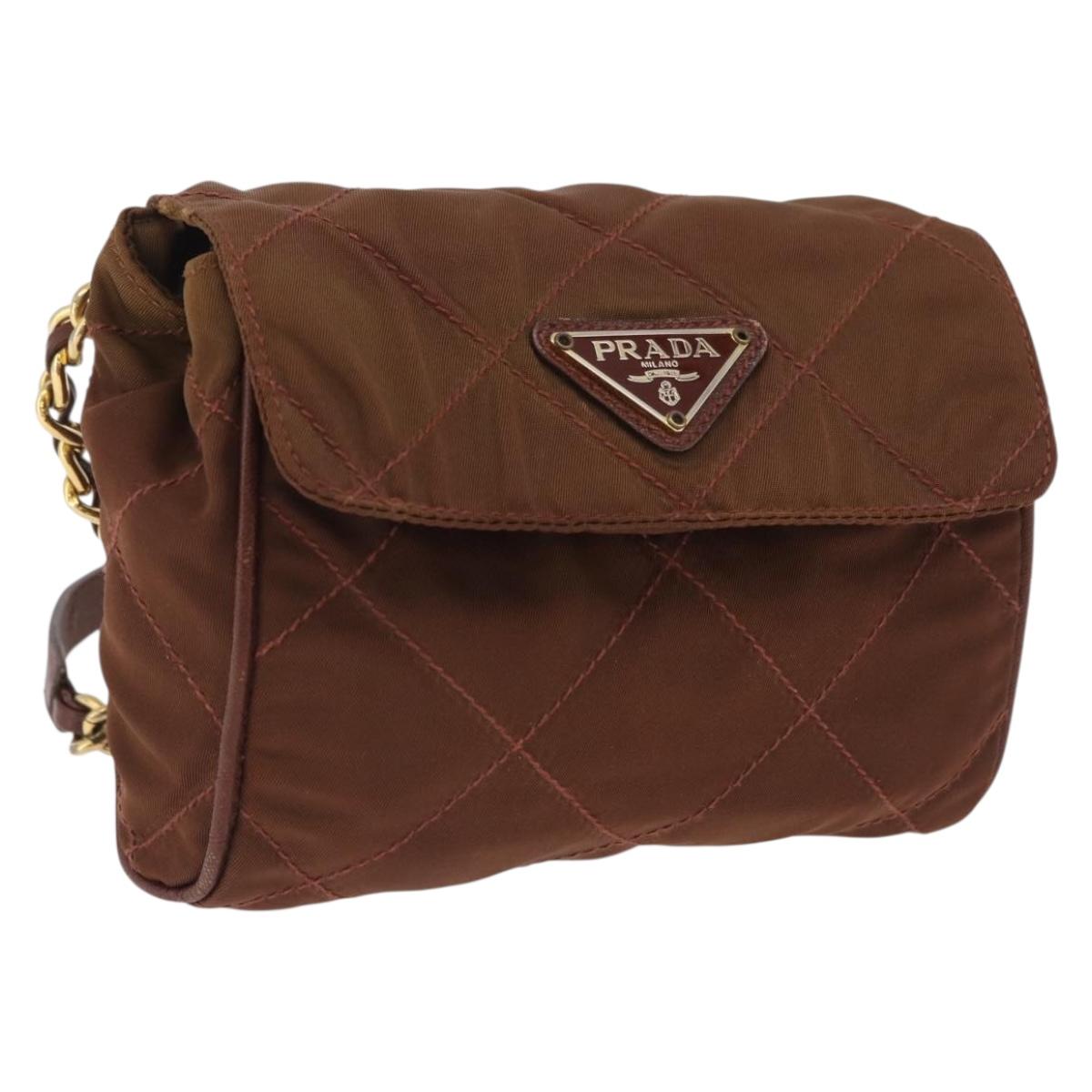 PRADA Chain Shoulder Bag Nylon Brown Gold Tone Auth 203074