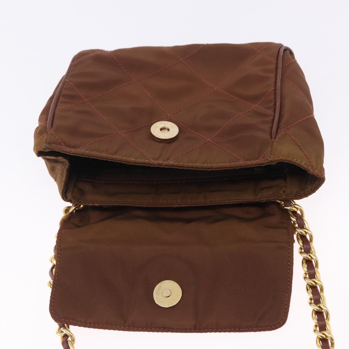 PRADA Chain Shoulder Bag Nylon Brown Gold Tone Auth 203074