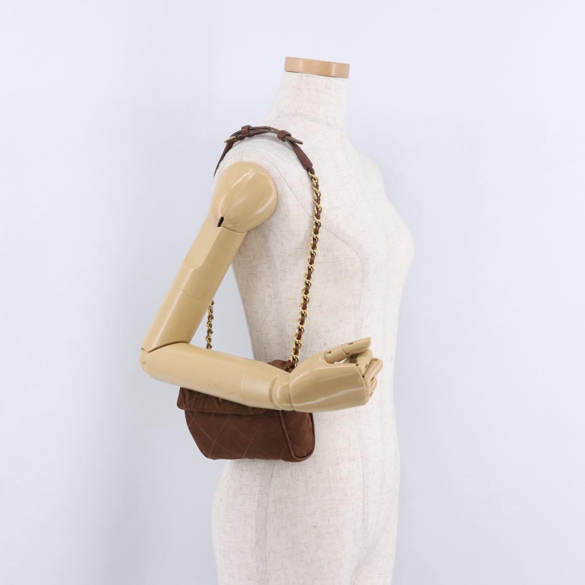 PRADA Chain Shoulder Bag Nylon Brown Gold Tone Auth 203074
