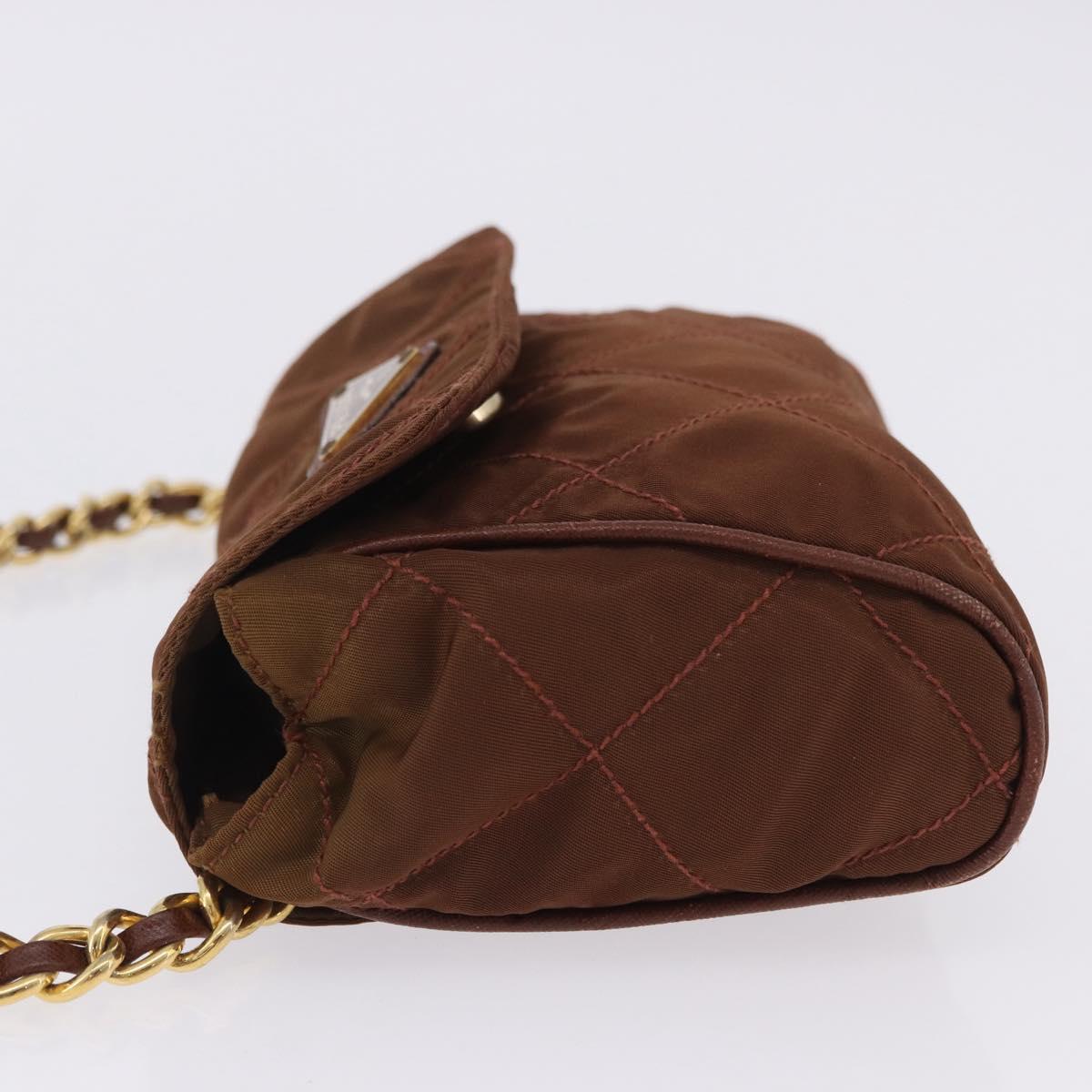 PRADA Chain Shoulder Bag Nylon Brown Gold Tone Auth 203074