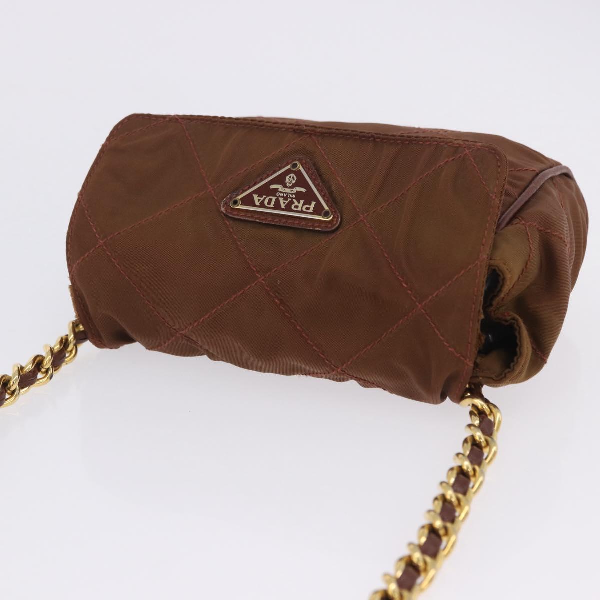 PRADA Chain Shoulder Bag Nylon Brown Gold Tone Auth 203074