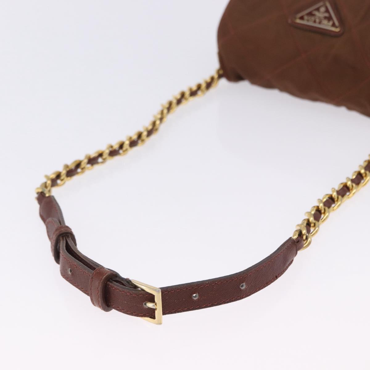 PRADA Chain Shoulder Bag Nylon Brown Gold Tone Auth 203074