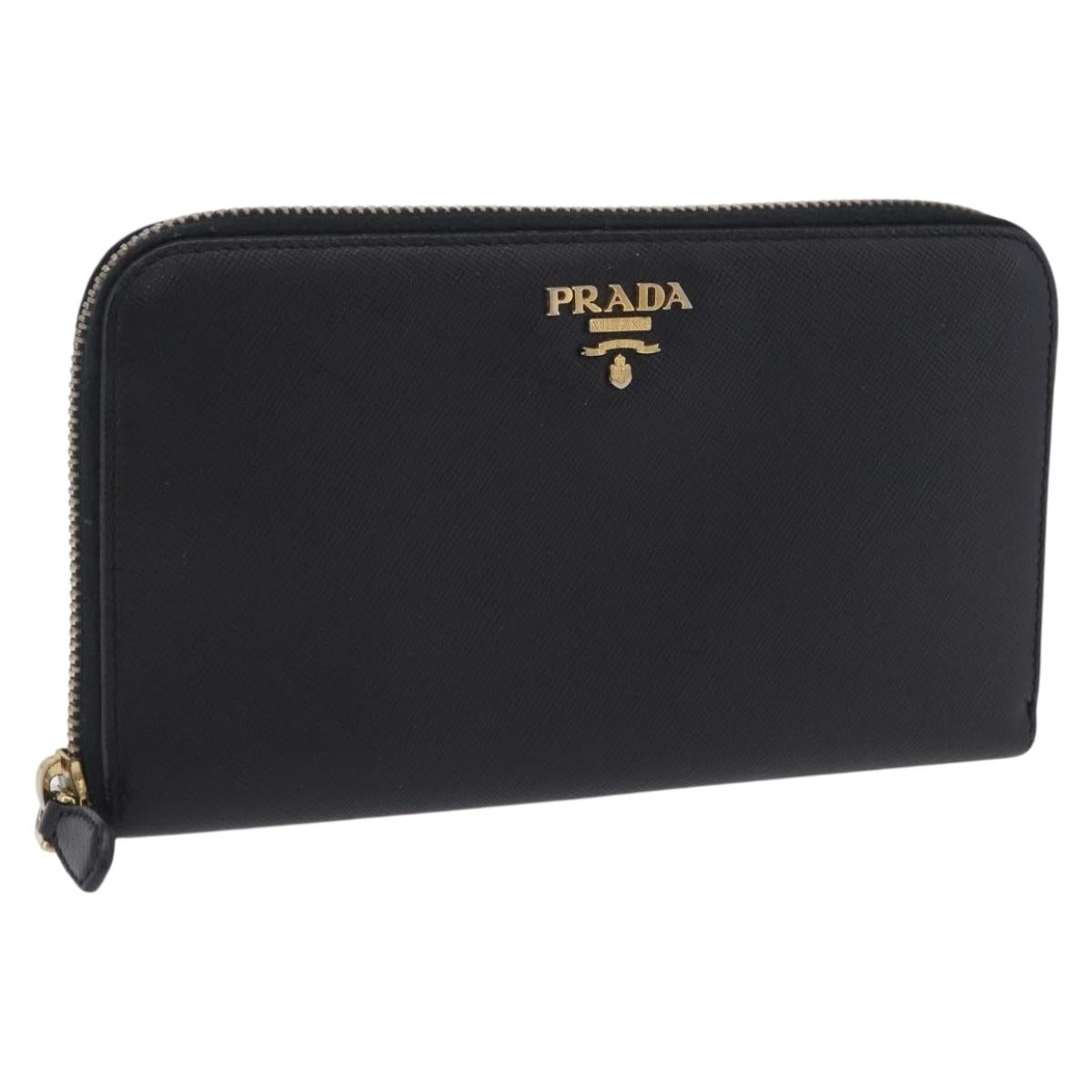 PRADA Long Wallet Saffiano Black Gold Tone Auth 203079