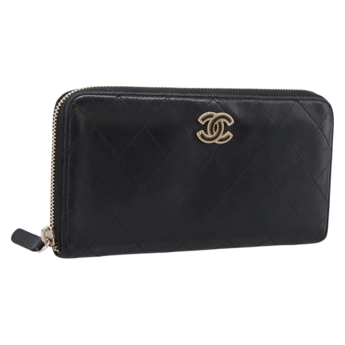 CHANEL Bicolore Long Wallet Leather Black Gold Tone CC Auth 203085