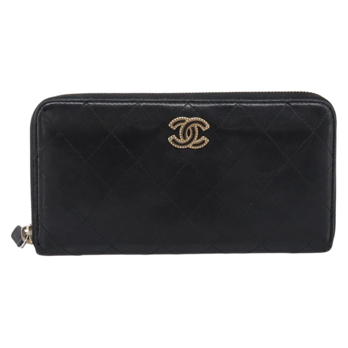CHANEL Bicolore Long Wallet Leather Black Gold Tone CC Auth 203085