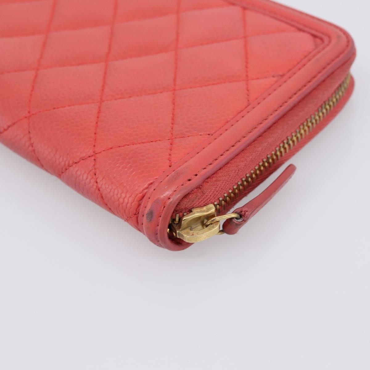 CHANEL Matelasse Long Wallet Caviar Skin Orange Gold Tone CC Auth 203090