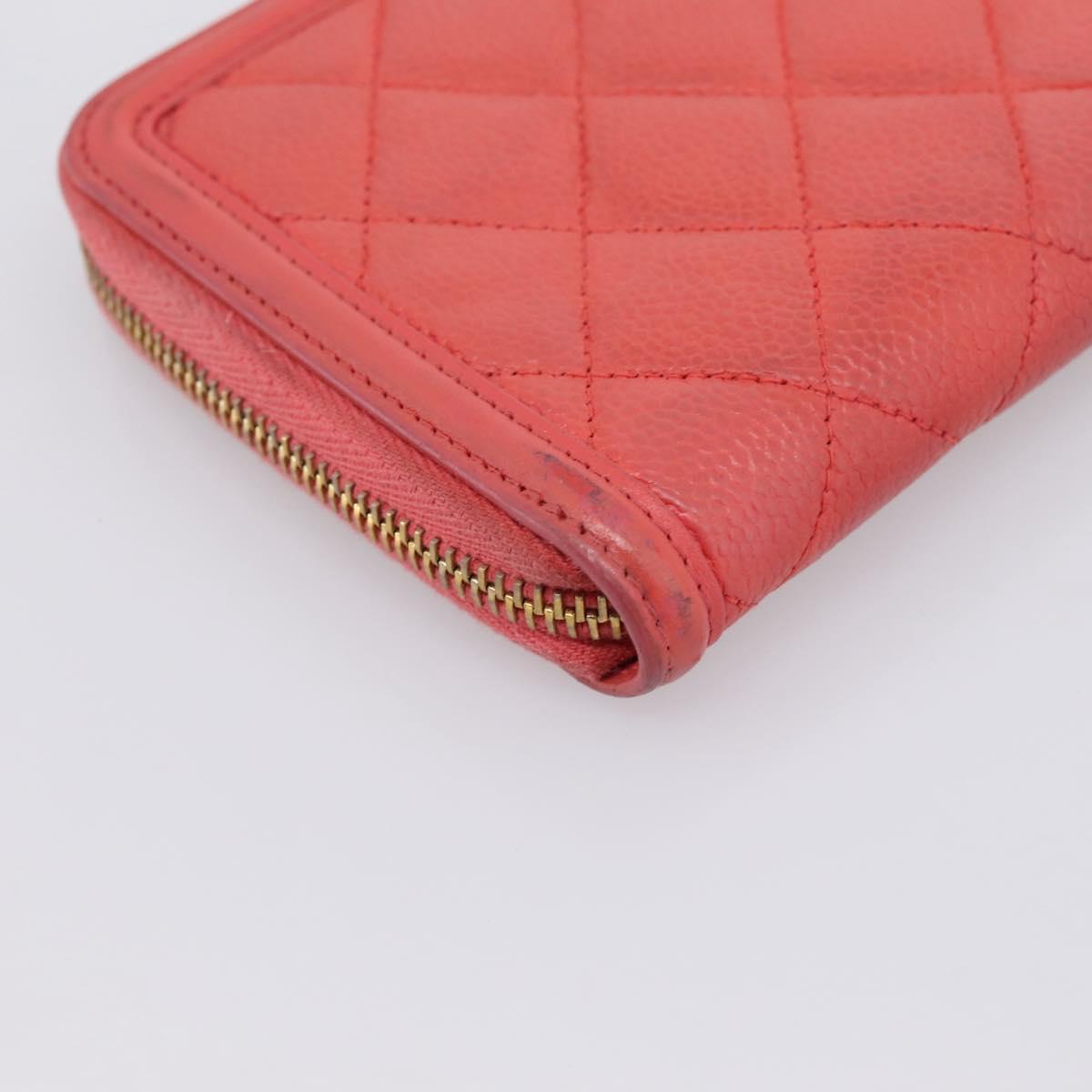 CHANEL Matelasse Long Wallet Caviar Skin Orange Gold Tone CC Auth 203090
