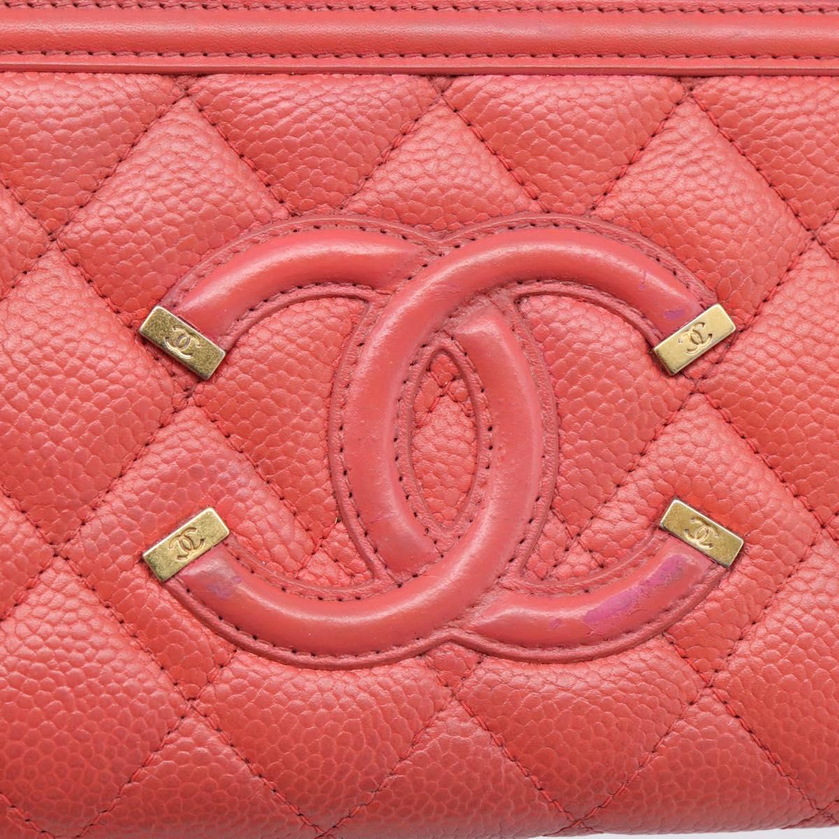 CHANEL Matelasse Long Wallet Caviar Skin Orange Gold Tone CC Auth 203090