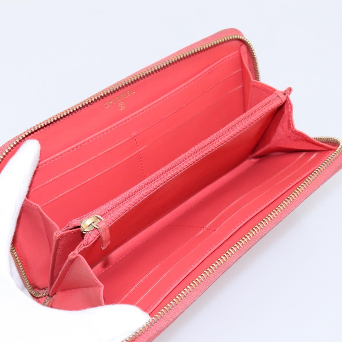 CHANEL Matelasse Long Wallet Caviar Skin Orange Gold Tone CC Auth 203090
