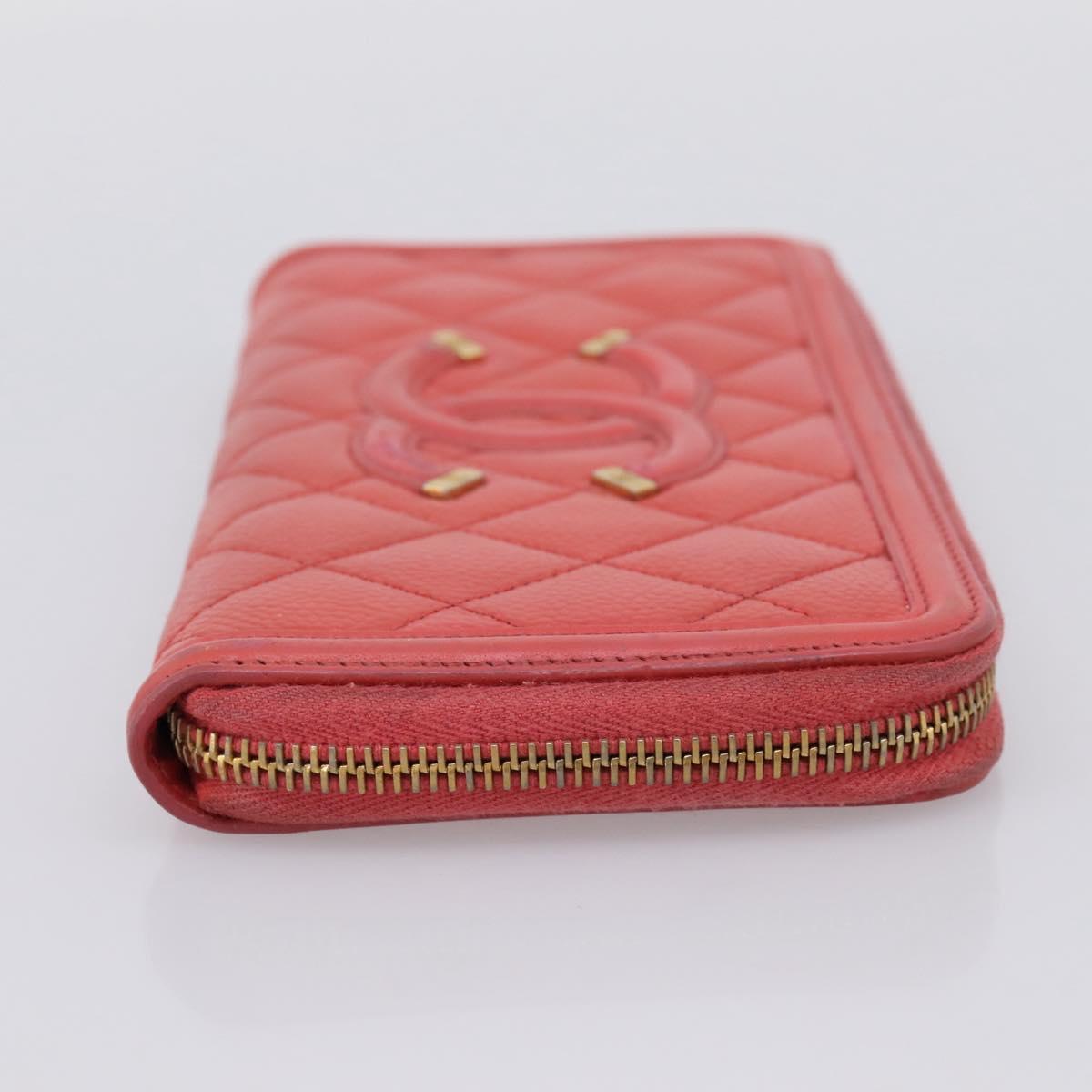 CHANEL Matelasse Long Wallet Caviar Skin Orange Gold Tone CC Auth 203090