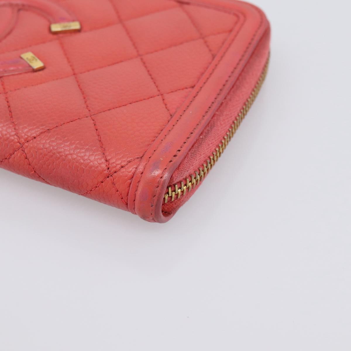 CHANEL Matelasse Long Wallet Caviar Skin Orange Gold Tone CC Auth 203090