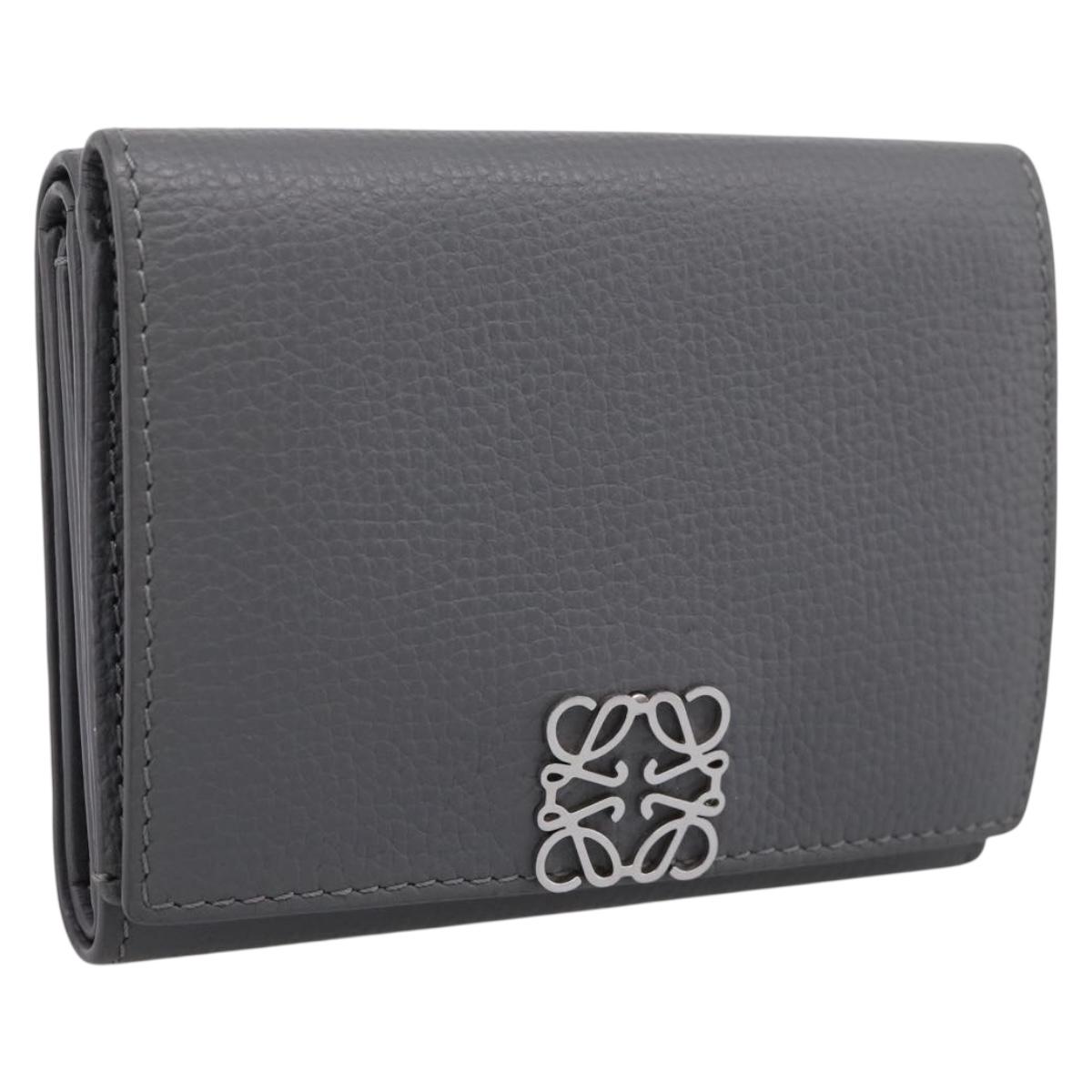 LOEWE Anagram Trifold Wallet Leather Gray Silver Auth 203094A