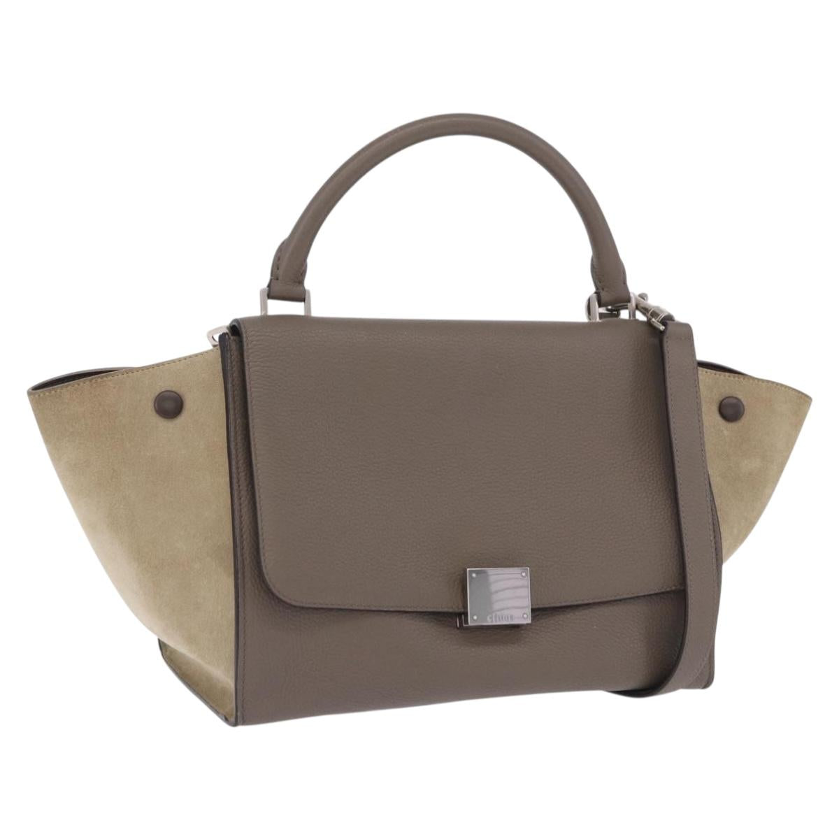 CELINE Trapeze Hand Bag Suede Leather 2way Beige Silver Auth 203116V