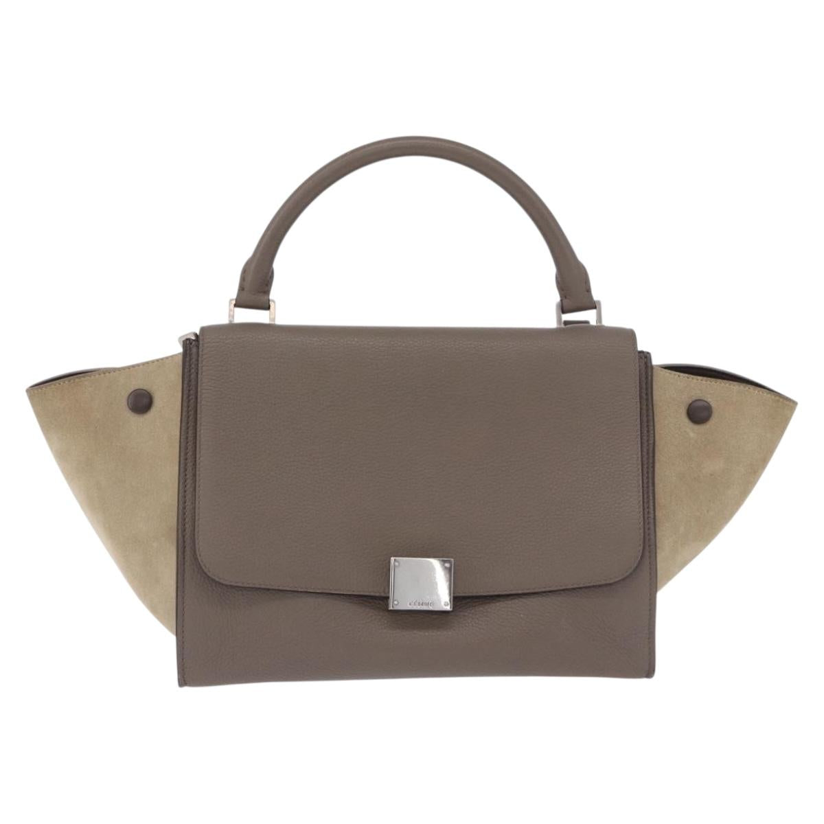CELINE Trapeze Hand Bag Suede Leather 2way Beige Silver Auth 203116V