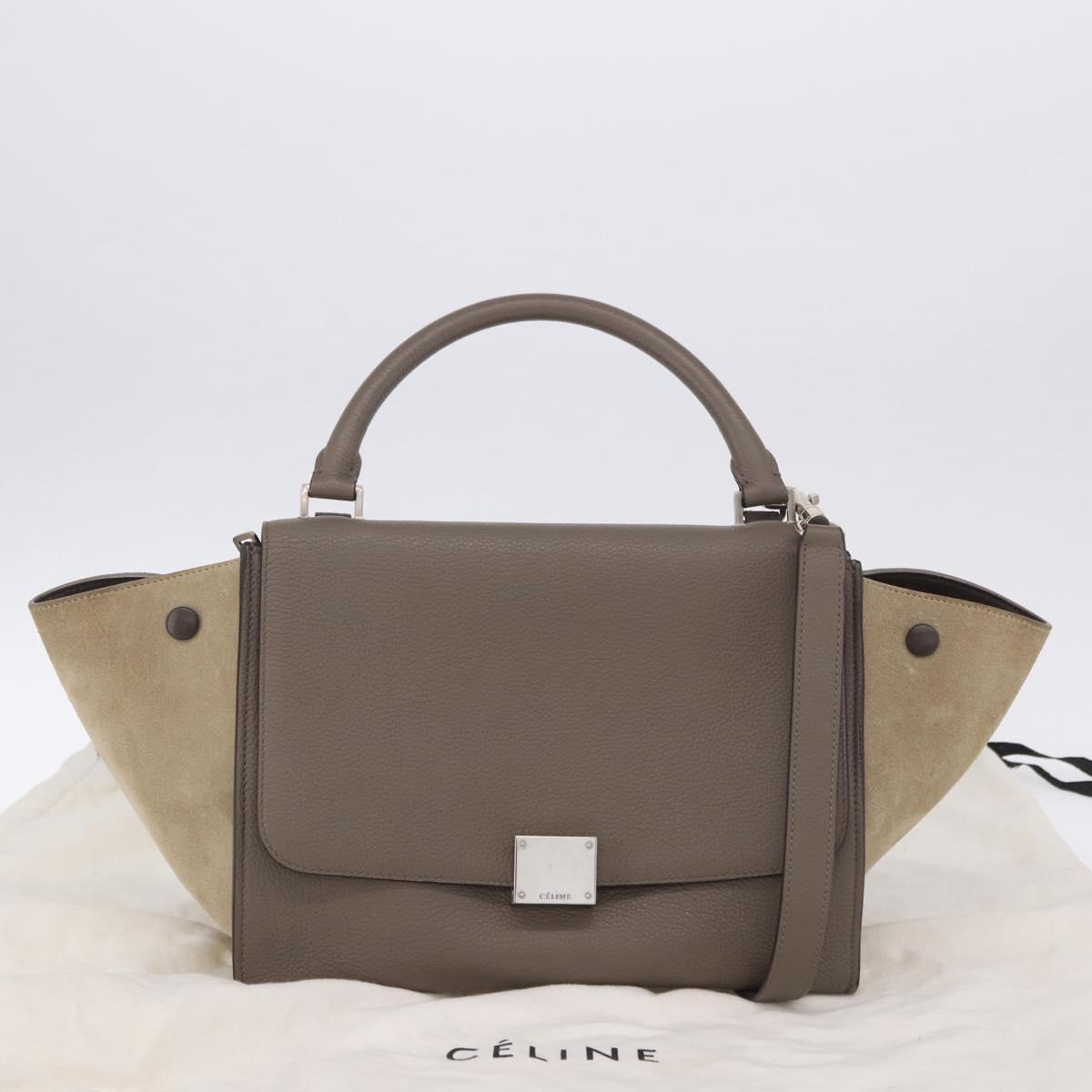 CELINE Trapeze Hand Bag Suede Leather 2way Beige Silver Auth 203116V