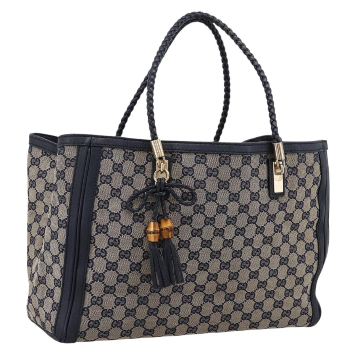 GUCCI GG Canvas Bella Bamboo Tassel Tote Bag Navy Gold Tone 269945 Auth 203126A