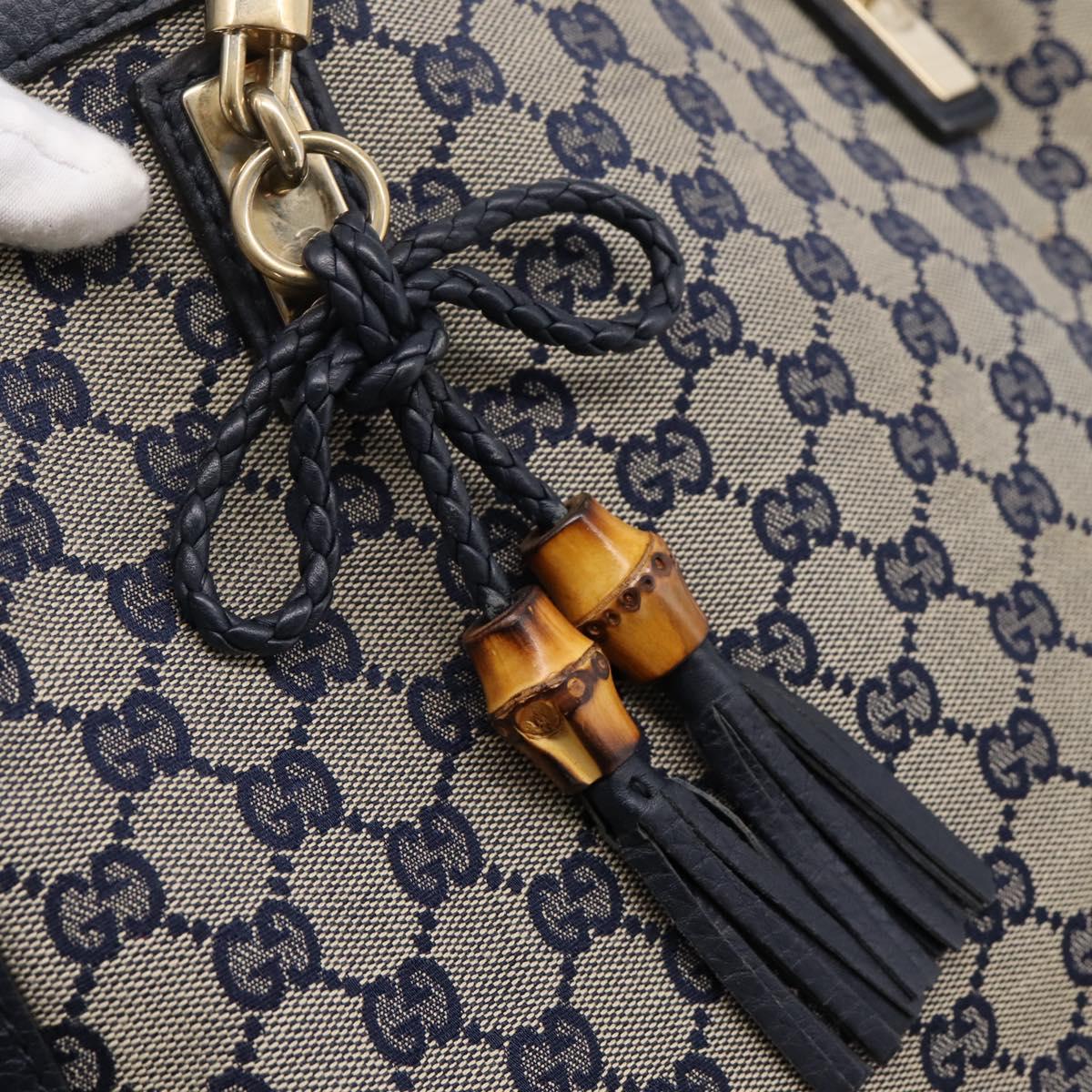 GUCCI GG Canvas Bella Bamboo Tassel Tote Bag Navy Gold Tone 269945 Auth 203126A