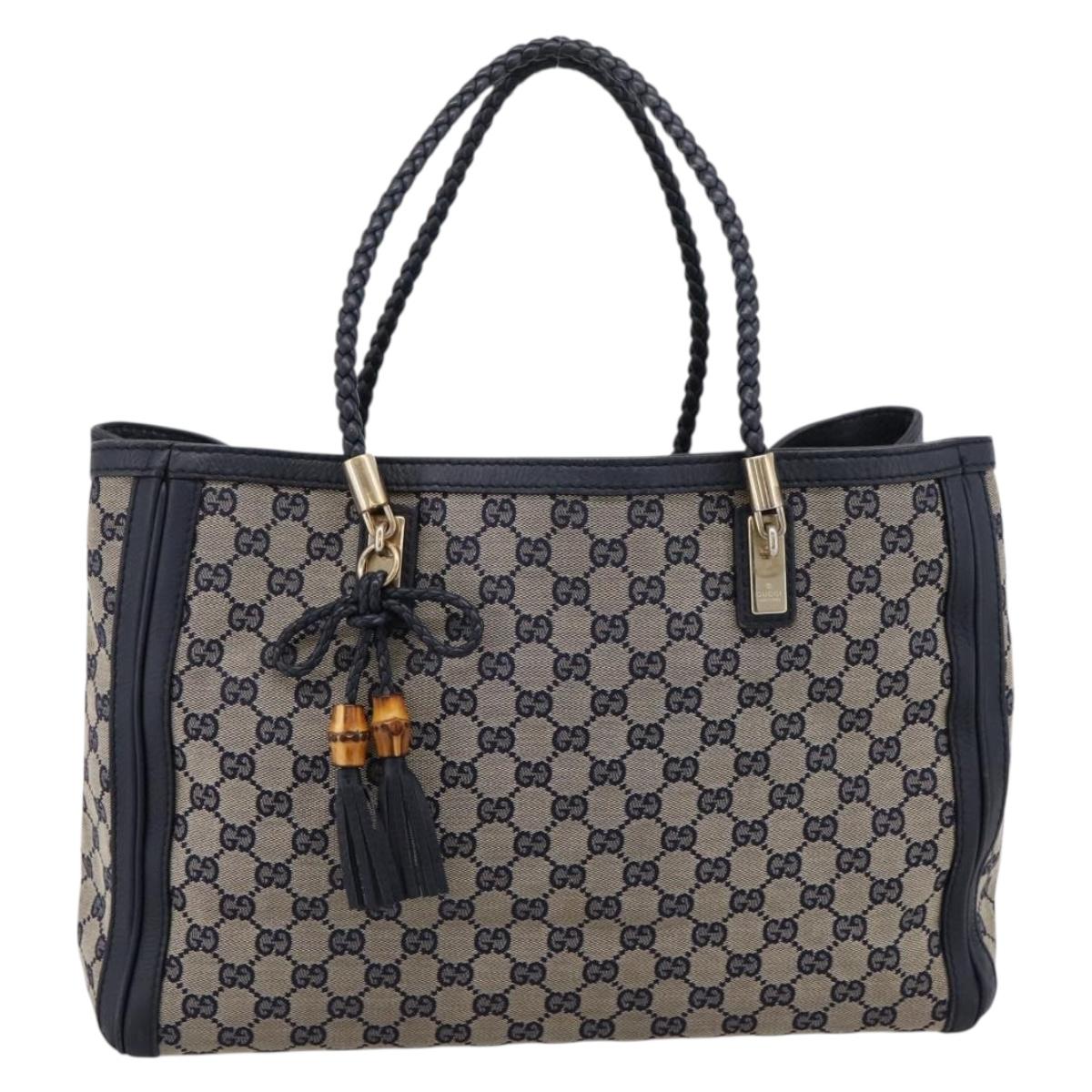 GUCCI GG Canvas Bella Bamboo Tassel Tote Bag Navy Gold Tone 269945 Auth 203126A