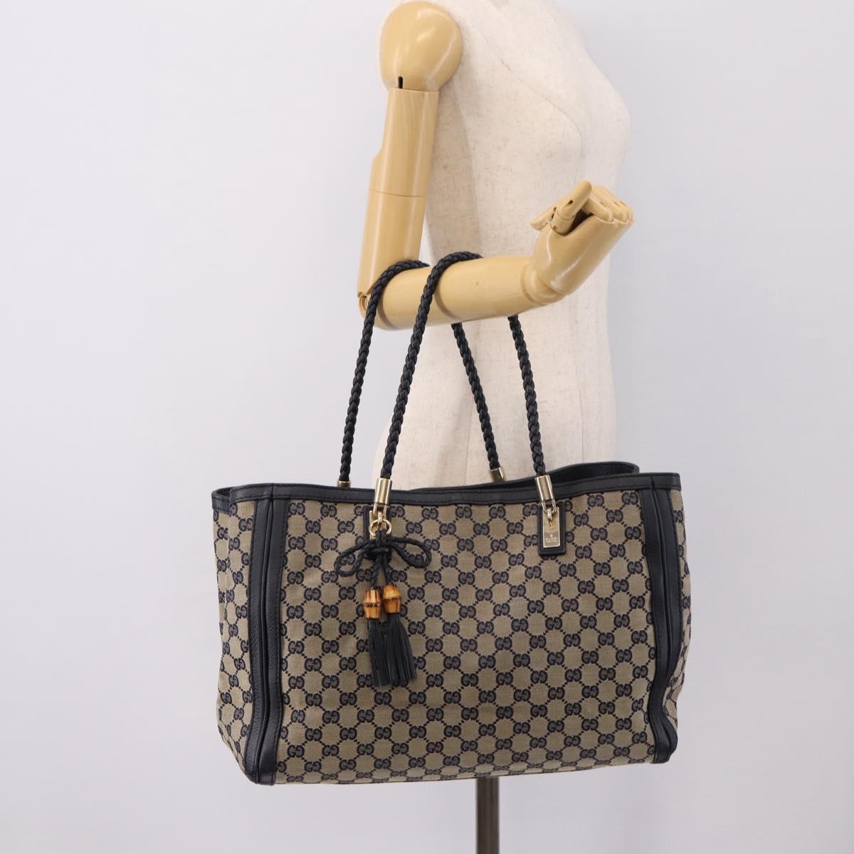 GUCCI GG Canvas Bella Bamboo Tassel Tote Bag Navy Gold Tone 269945 Auth 203126A