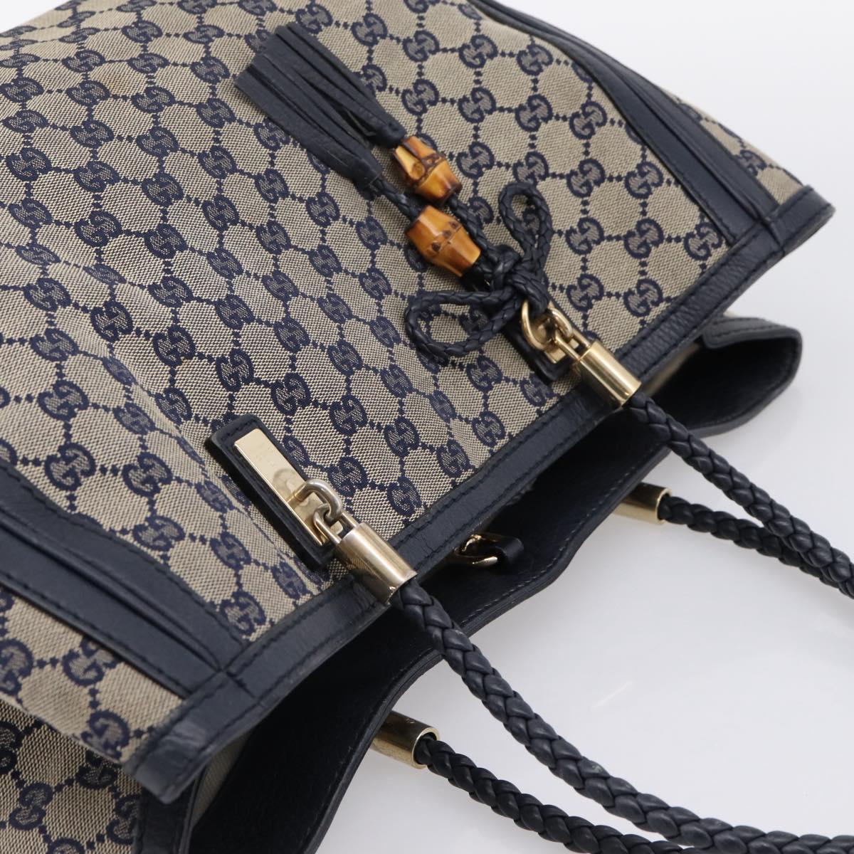 GUCCI GG Canvas Bella Bamboo Tassel Tote Bag Navy Gold Tone 269945 Auth 203126A