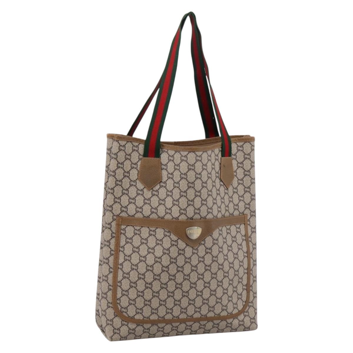 GUCCI GG Plus Supreme Web Sherry Line Tote Bag PVC Beige Gold Auth 203128