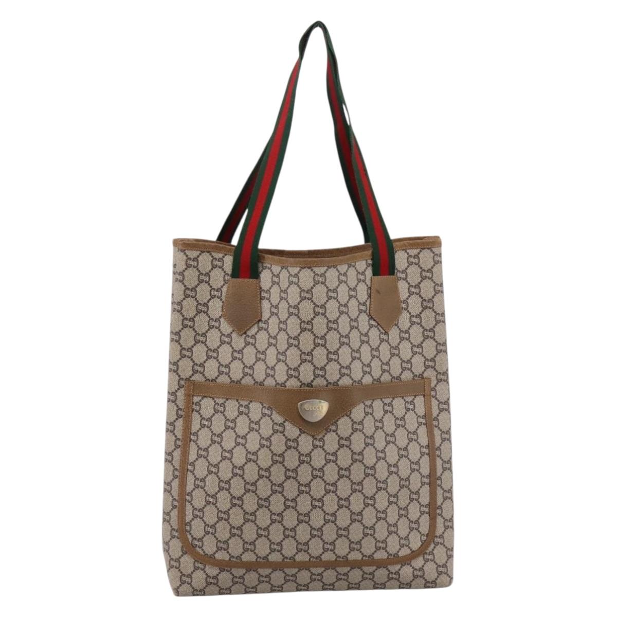 GUCCI GG Plus Supreme Web Sherry Line Tote Bag PVC Beige Gold Auth 203128