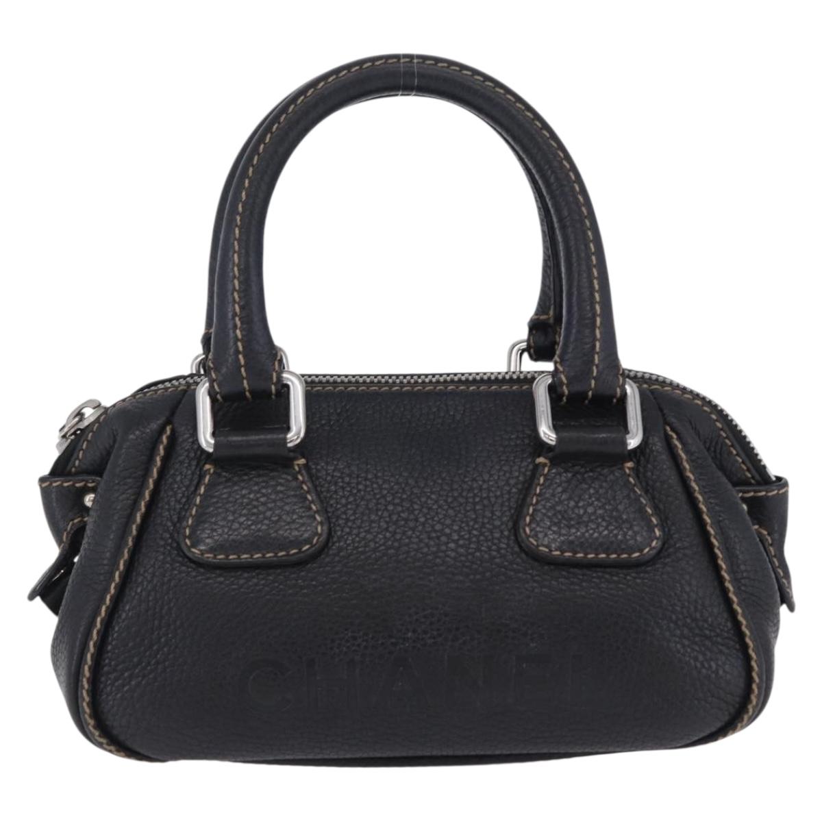 CHANEL Hand Bag Caviar Skin Black Silver CC Auth 203129V