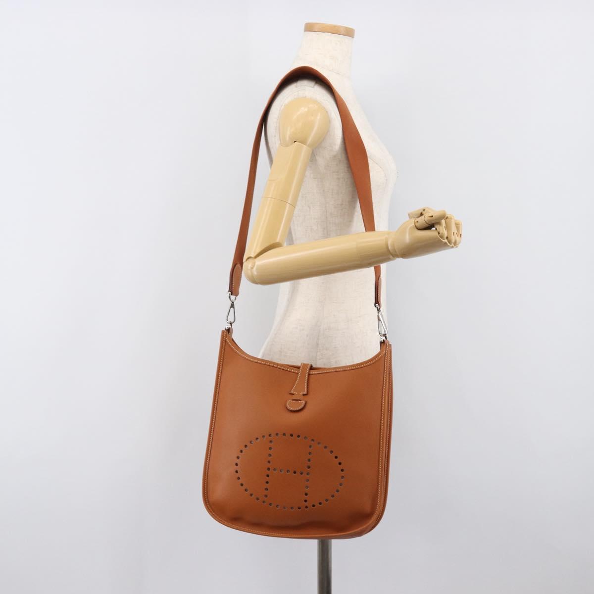 HERMES Evelyn PM Shoulder Bag Leather Brown Silver Auth 203135SAM