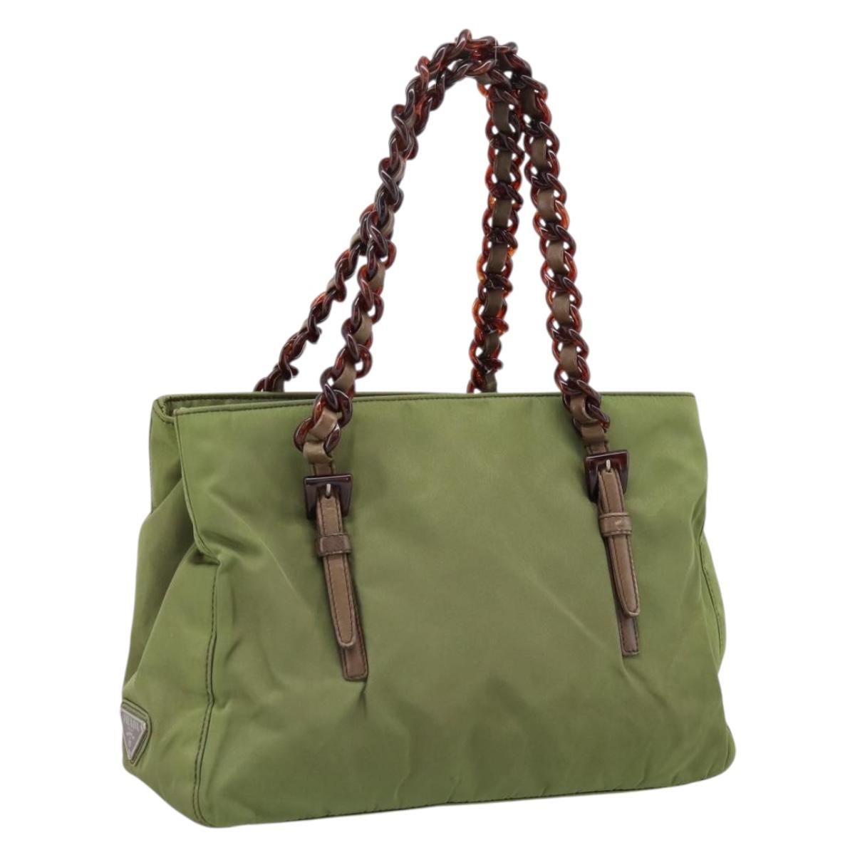 PRADA Chain Shoulder Bag Nylon Green Silver Auth 203138