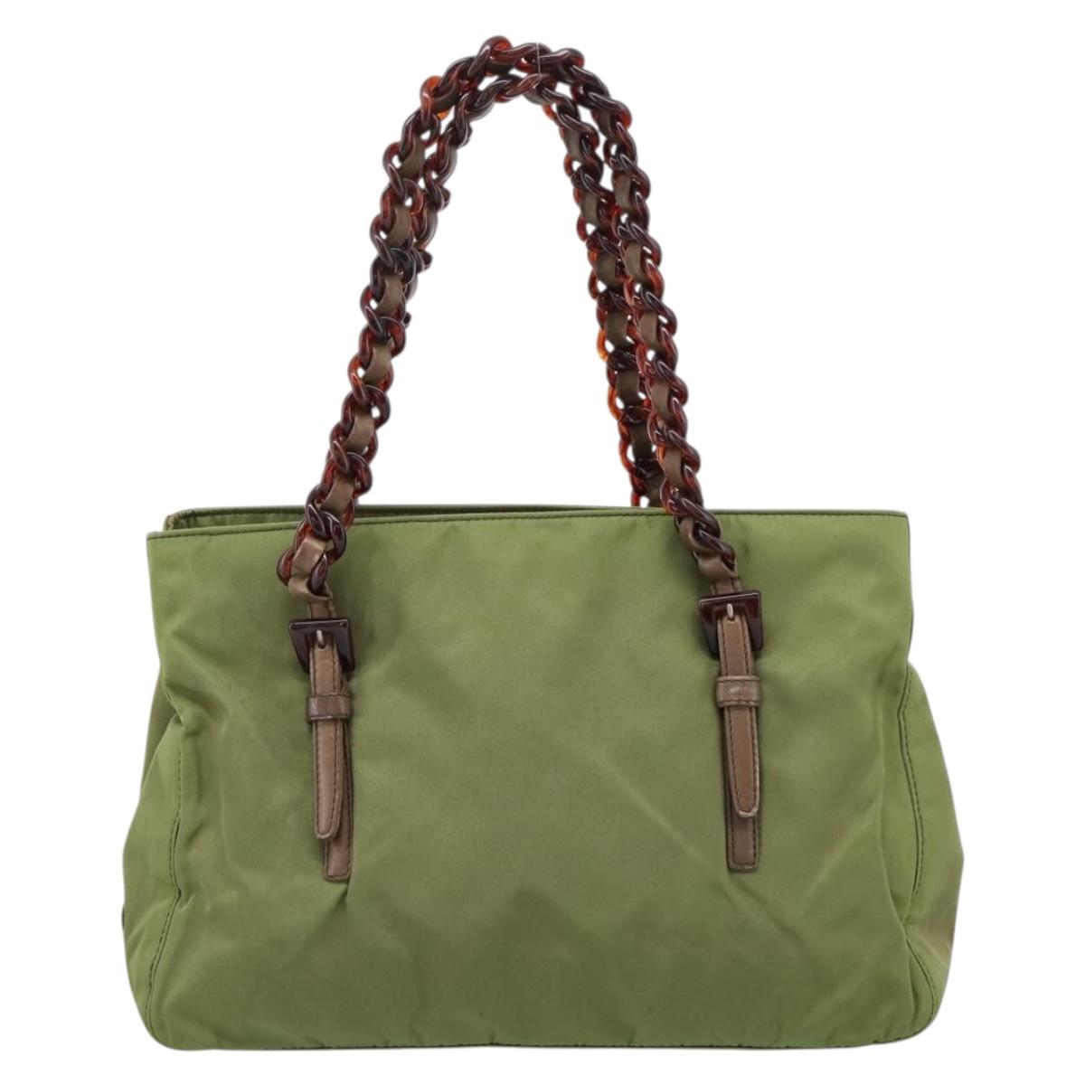 PRADA Chain Shoulder Bag Nylon Green Silver Auth 203138