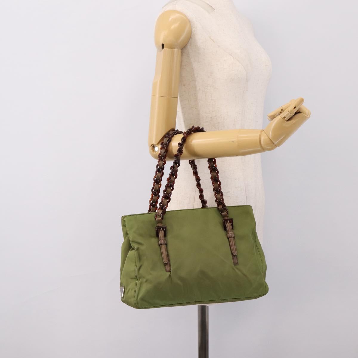 PRADA Chain Shoulder Bag Nylon Green Silver Auth 203138