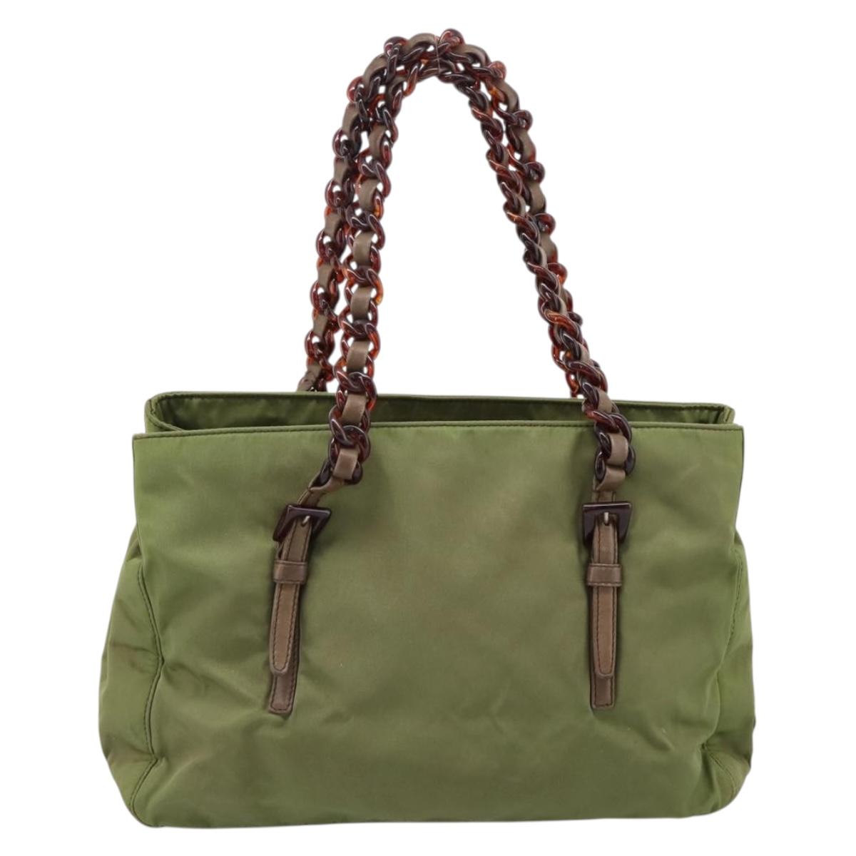 PRADA Chain Shoulder Bag Nylon Green Silver Auth 203138