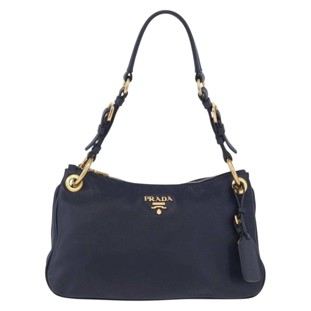 PRADA Shoulder Bag Leather Navy Gold Auth 203139V
